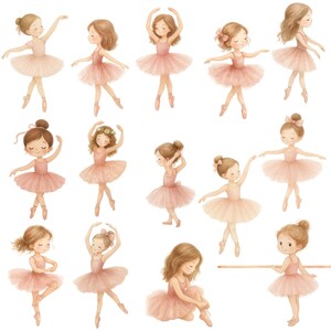 May include: A digital illustration of 13 young ballerinas in pink tutus and various poses. Some ballerinas are holding a barre, while others are in mid-air. The ballerinas have brown hair and are wearing pink shoes.