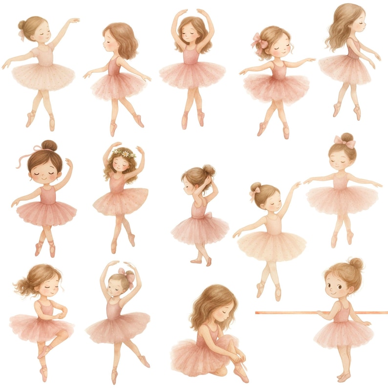May include: A digital illustration of 13 young ballerinas in pink tutus and various poses. Some ballerinas are holding a barre, while others are in mid-air. The ballerinas have brown hair and are wearing pink shoes.