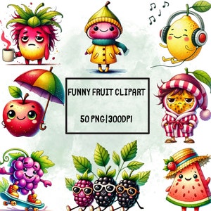Imágenes prediseñadas de frutas divertidas, imágenes prediseñadas de frutas lindas, imágenes PNG de comida feliz, imágenes prediseñadas de frutas caprichosas, ilustración de frutas en acuarela, imágenes PNG de frutas kawaii