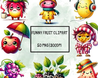 Clipart aquarel grappig fruit: kawaii eten, png