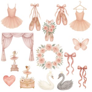 May include: A set of watercolor illustrations featuring ballet-themed imagery. The set includes a ballerina, a swan, a butterfly, a wreath of pink roses, a music box, a pair of ballet shoes, a curtain, and a tutu.