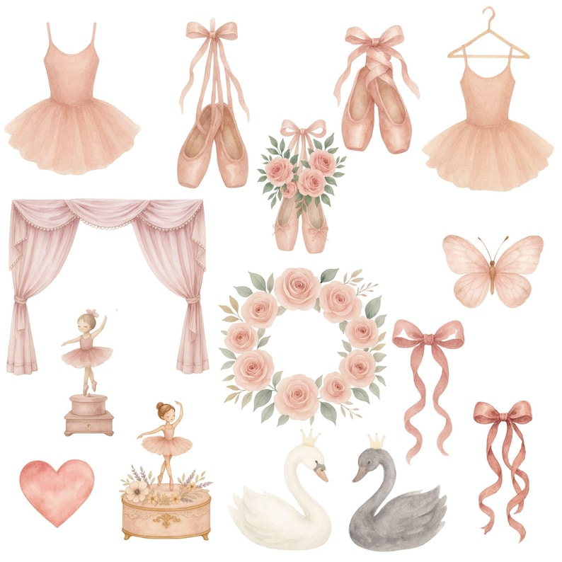 May include: A set of watercolor illustrations featuring ballet-themed imagery. The set includes a ballerina, a swan, a butterfly, a wreath of pink roses, a music box, a pair of ballet shoes, a curtain, and a tutu.