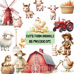 Watercolor Cute Farm Animals Clipart, Little Farm PNG, Farm Animals Nursery, Farm Baby Animals Clipart