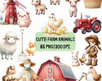 Watercolor Farm Animals Clipart, Cute Nursery PNG