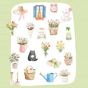 May include: Watercolor illustration featuring spring-themed elements. Includes a straw hat with a pink ribbon, bouquets of flowers, cats, a watering can, a pink alarm clock, and a window with a cat. The text "next stop spring" is also present.