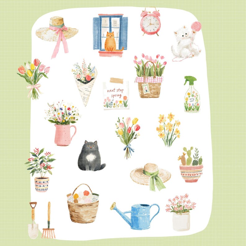May include: Watercolor illustration featuring spring-themed elements. Includes a straw hat with a pink ribbon, bouquets of flowers, cats, a watering can, a pink alarm clock, and a window with a cat. The text "next stop spring" is also present.