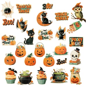 Retro Halloween Clipart Set: Ghost, Pumpkin, Witch PNG (Printable Stickers, Commercial Use) image 4