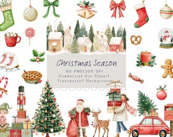 Watercolor Christmas Clipart Bundle: Whimsical Holiday PNG Elements