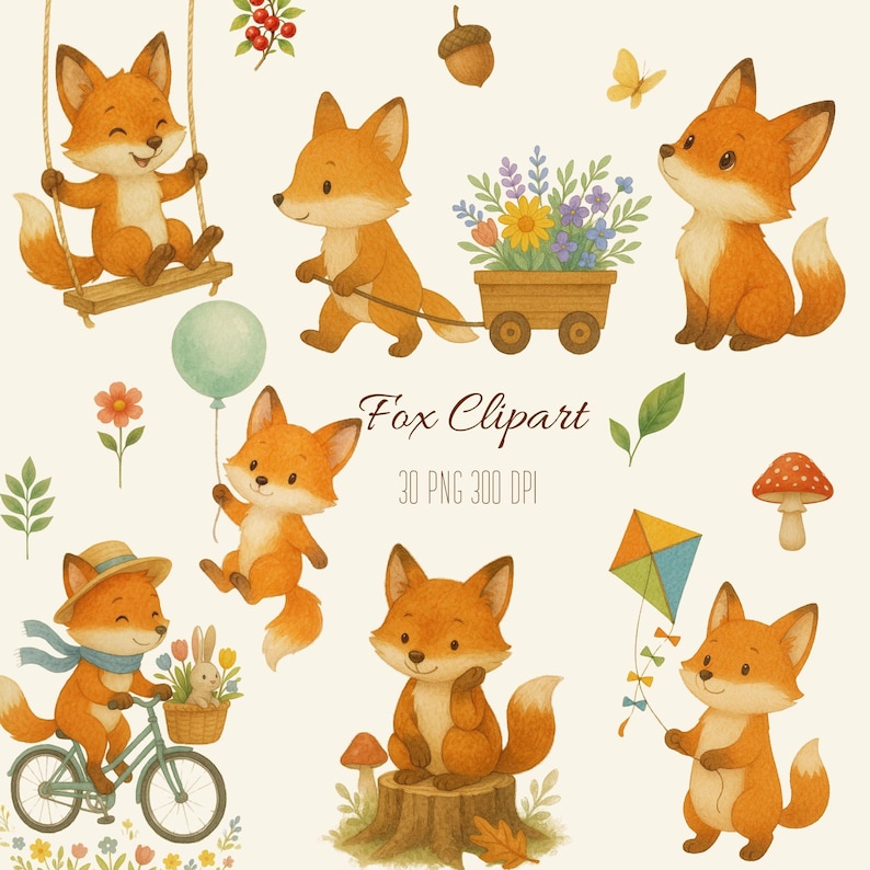 Pode incluir: Um conjunto de 30 imagens de clipart digital que apresentam raposas fofas em v&aacute;rias poses e atividades. As raposas s&atilde;o ilustradas em um estilo aquarela com uma est&eacute;tica suave e caprichosa. O clipart inclui raposas andando de bicicleta, segurando bal&otilde;es, brincando com pipas e muito mais. As imagens s&atilde;o perfeitas para criar convites, cart&otilde;es, p&aacute;ginas de scrapbook e outros projetos de artesanato.