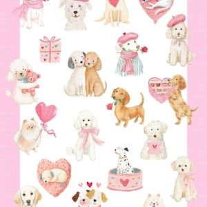 May include: A collection of watercolor illustrations of various dog breeds, each adorned with accessories like berets, scarves, and bows. Some dogs hold roses, hearts, or gifts, set against a pink grid background. The overall theme is romantic and whimsical.