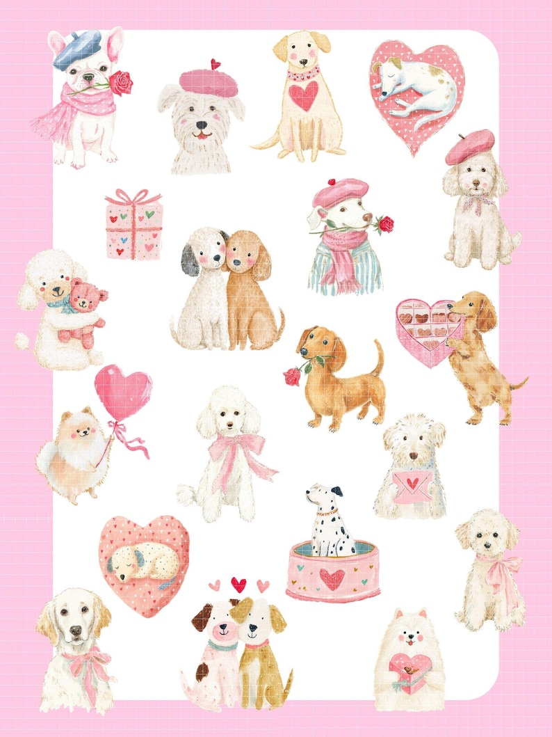 May include: A collection of watercolor illustrations of various dog breeds, each adorned with accessories like berets, scarves, and bows. Some dogs hold roses, hearts, or gifts, set against a pink grid background. The overall theme is romantic and whimsical.