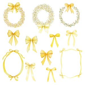 May include: Watercolor illustrations of yellow bows and floral wreaths. The image features various bow designs, including tied bows and ribbon bows, along with wreaths made of small white flowers and yellow bows. The style is delicate and artistic.