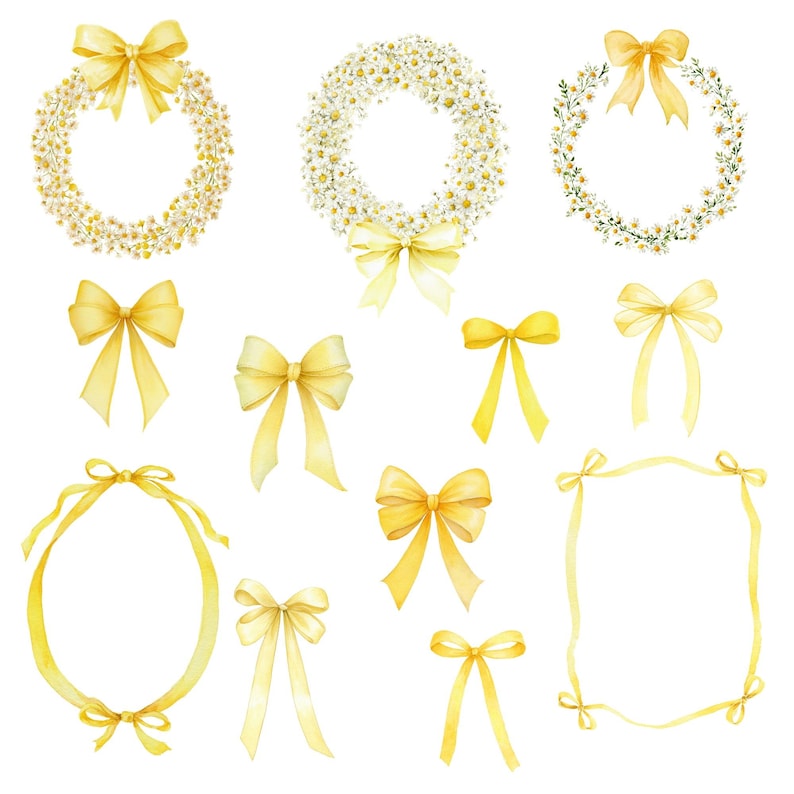 May include: Watercolor illustrations of yellow bows and floral wreaths. The image features various bow designs, including tied bows and ribbon bows, along with wreaths made of small white flowers and yellow bows. The style is delicate and artistic.