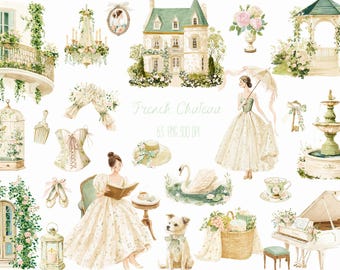 Watercolor French Chateau Clipart: Cottage Garden Illustrations