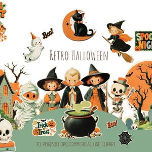 Retro Halloween Clipart Set: Ghost, Pumpkin, Witch PNG (Printable Stickers, Commercial Use) image 1