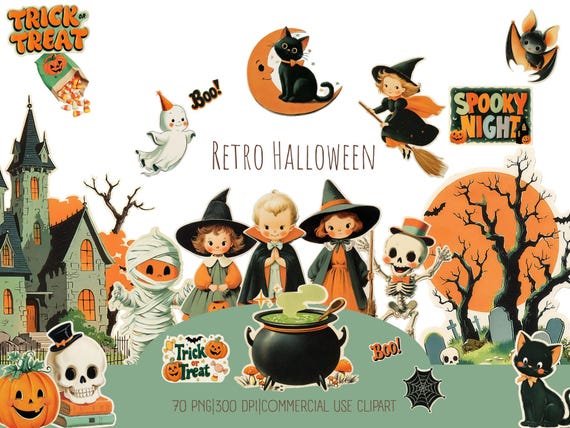 Retro Halloween Clipart Set: Ghost, Pumpkin, Witch PNG (Printable Stickers, Commercial Use)