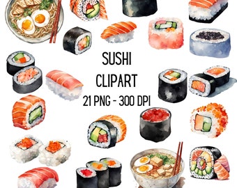 Watercolor Sushi Clipart Bundle: Japanese Food PNG (Digital Download)