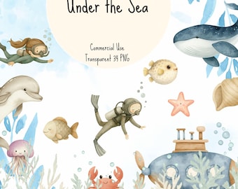 Watercolor Under the Sea Clipart, Ocean Animals