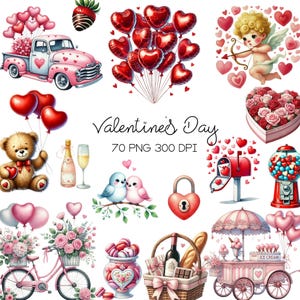 Clipart de acuarela de San Valentín, Cupido PNG, Globos de corazón Clipart, Dulces de San Valentín PNG, Oso de peluche PNG, Flores de San Valentín