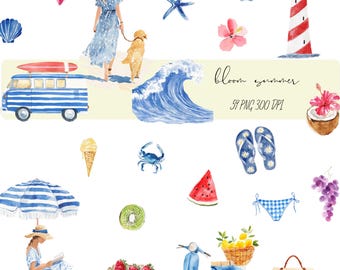 Watercolor Coastal Summer Clipart, Beach PNG , Summer Fruit, Nautical Illustrations