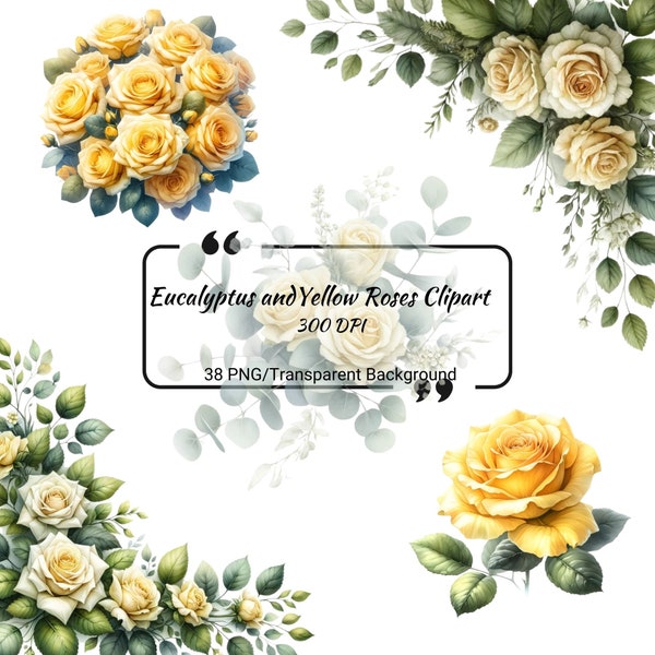 Watercolor Yellow Rose Clipart , Yellow Rose and Eucalyptus Corner Border Wedding Invitation , Rose Floral Borders PNG , Eucalyptus Border