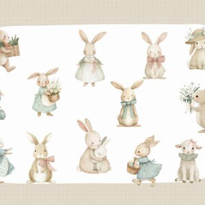 May include: Watercolor illustrations of various bunnies in dresses, holding flowers, and carrying baskets. One bunny is hugging another. A chick and a lamb are also included. The color palette is soft and pastel, with a focus on Easter themes.