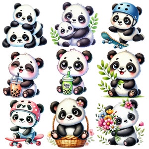 May include: Nine adorable cartoon panda bears in various poses. Some are wearing hats, holding drinks, or sitting in baskets. They are all smiling and have big eyes.