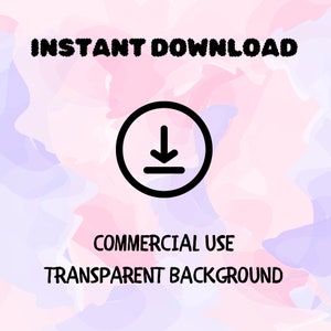 Op de afbeelding: Direct download-afbeelding met een roze en paarse aquarel achtergrond. De afbeelding bevat een zwarte cirkel met een witte downloadpijl en een lijn eronder. De tekst "COMMERCIAL USE" en "TRANSPARENT BACKGROUND" staat onder de cirkel.