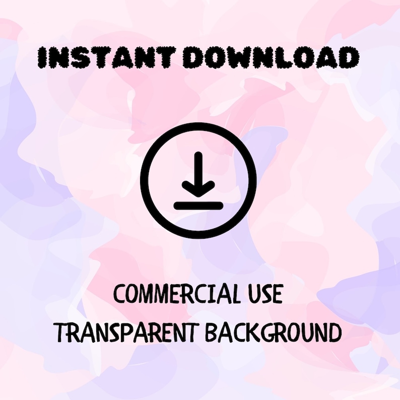 Op de afbeelding: Direct download-afbeelding met een roze en paarse aquarel achtergrond. De afbeelding bevat een zwarte cirkel met een witte downloadpijl en een lijn eronder. De tekst "COMMERCIAL USE" en "TRANSPARENT BACKGROUND" staat onder de cirkel.