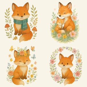 Pode incluir: Quatro ilustra&ccedil;&otilde;es de raposas em diferentes poses cercadas por flores. A primeira raposa est&aacute; usando uma echarpe azul e est&aacute; sentada com o rabo enrolado ao redor do corpo. A segunda raposa est&aacute; sentada com uma raposa menor em seu colo. A terceira raposa est&aacute; usando uma coroa de flores e est&aacute; sentada com o rabo enrolado ao redor do corpo. A quarta raposa est&aacute; sentada com o rabo enrolado ao redor do corpo.