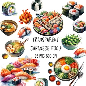 Clipart de comida japonesa, Clipart de sushi roll, PNG de comida asiática, Ramen, Sopa de missô, Bibimbap, Onigiri, Edamame, Uso comercial