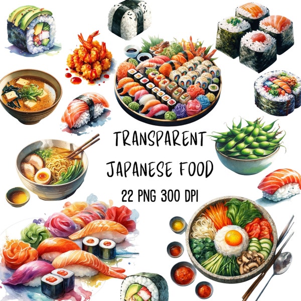 Japanese Food Clipart, Sushi roll Clipart, Asian Food PNG, Ramen, Miso Soup,Bibimbap, Onigiri,   Edamame, Commercial use