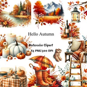 Clipart de Outono em Aquarela, Ilustrações de Outono, Clipart de Outono, Clipart de Paisagem de Outono, Folhas Caindo PNG, Clipart de Árvore de Outono