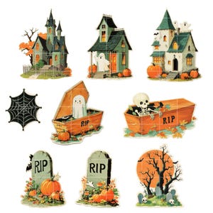 Retro Halloween Clipart Set: Ghost, Pumpkin, Witch PNG (Printable Stickers, Commercial Use) image 6