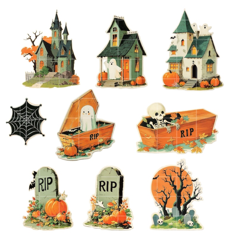 Retro Halloween Clipart Set: Ghost, Pumpkin, Witch PNG (Printable Stickers, Commercial Use) image 6