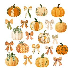 Op de afbeelding: Een verzameling aquarel illustraties met pompoenen en strikken. De pompoenen vari&euml;ren in kleur en patroon, waaronder oranje, wit en geel, met stippen, bloemmotieven en patchwork. De strikken zijn in verschillende kleuren en patronen.