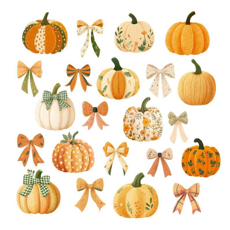 Op de afbeelding: Een verzameling aquarel illustraties met pompoenen en strikken. De pompoenen vari&euml;ren in kleur en patroon, waaronder oranje, wit en geel, met stippen, bloemmotieven en patchwork. De strikken zijn in verschillende kleuren en patronen.