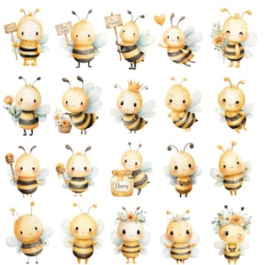May include: Watercolor illustrations of cartoon bees in various poses. Some bees hold signs that say "Bee happy!" and "Bee". Other bees hold flowers, honey, and balloons. The bees are yellow and black with white wings.