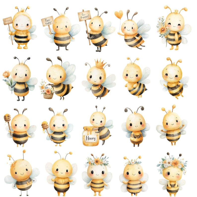 May include: Watercolor illustrations of cartoon bees in various poses. Some bees hold signs that say "Bee happy!" and "Bee". Other bees hold flowers, honey, and balloons. The bees are yellow and black with white wings.
