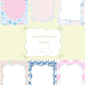 Puede incluir: Colección de marcos digitales con diseños florales y cuadros vichy en colores pastel. Los marcos tienen varias formas, incluyendo ovaladas y rectangulares, y están adornados con lazos. También aparece el texto "Grandmillennial Frames".