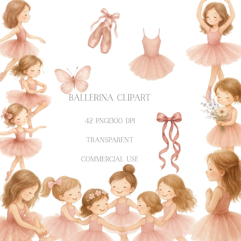 May include: A set of digital illustrations featuring ballerinas in various poses. The ballerinas are wearing pink tutus and have brown hair. The illustrations are in a watercolor style and are perfect for use in scrapbooking, card making, or other craft projects.