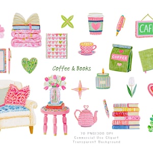 May include: A digital illustration set featuring a cream armchair, a pink side table with flowers, stacks of books, a teapot, coffee cups, a green coffee bag, a candle, stationery, hearts, and a sign reading "CAFÉ" and "Coffee & Books".