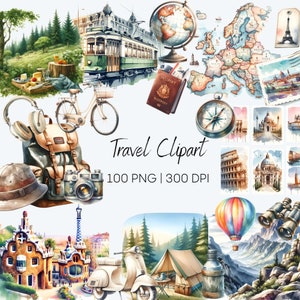 Clipart di viaggio ad acquerello, Clipart di vacanze estive, Clipart di paesaggi di viaggio, Clipart di campeggio ad acquerello, Clipart di vacanze, Mappa PNG