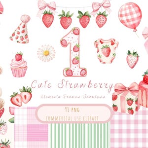 May include: Watercolor illustrations of strawberries, bows, a teddy bear, and a cake. The number one is decorated with strawberries. The text "Cute Strawberry" is written in cursive. The image includes a baby onesie with a strawberry design.