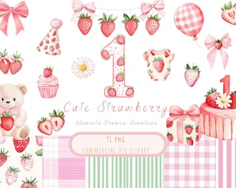 Watercolor Strawberry 1st Birthday Clipart, Berry Sweet Party Decor, Pink Frame (PNG, Commercial Use)