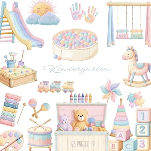 Puede incluir: Ilustración en acuarela de varios juguetes de jardín de infancia, que incluyen un tobogán, un arenero, una piscina de bolas, columpios, un caballito balancín, un tren y bloques. La imagen tiene una paleta de colores pastel suaves.