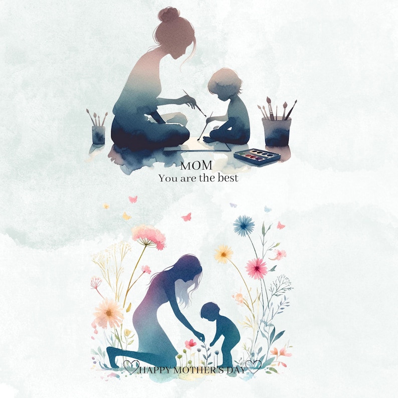 Op de afbeelding: Een aquarel-illustratie van een moeder en kind. De moeder zit op de grond met haar kind, en ze schilderen allebei. De tekst "MOM You are the best" staat onder de afbeelding. De tweede afbeelding toont een moeder en kind die in een bloemenveld staan. De tekst "HAPPY MOTHER'S DAY" staat onder de afbeelding.