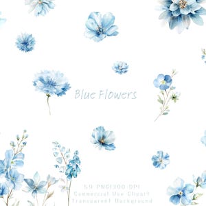 May include: Watercolor illustration of various blue flowers on a white background. The image features different types of flowers, including blooms and sprigs, in shades of light and medium blue. Text reads "Blue Flowers".
