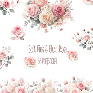 Aquarell zart rosa Rose Clipart, Blush rosa Rose Clipart, Hochzeitseinladung PNG, Rose Blumenecke, Blush Rosenstrauß, rosa Rose Grenze