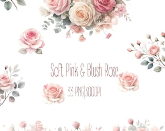Può includere: Un'illustrazione digitale di una collezione di rose rosa tenue e blush. Le rose sono disposte in bouquet e steli singoli. L'immagine include il testo "Soft Pink & Blush Rose 33 PNG|300DPI".